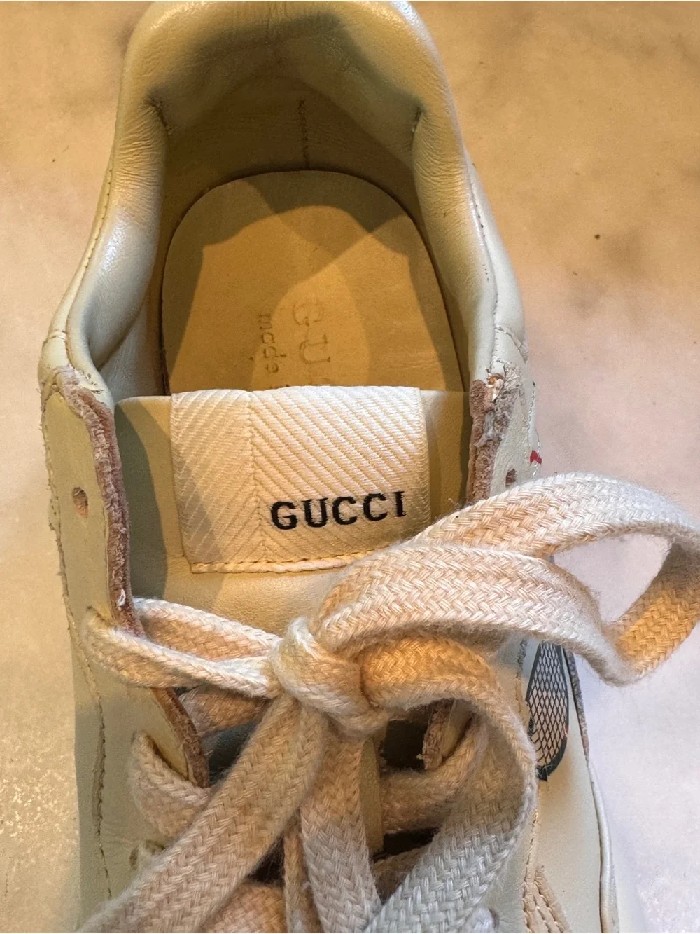 Vintage Sample Gucci Rhyton Cream Leather Tennis Shoes with Crossed Racket Logo